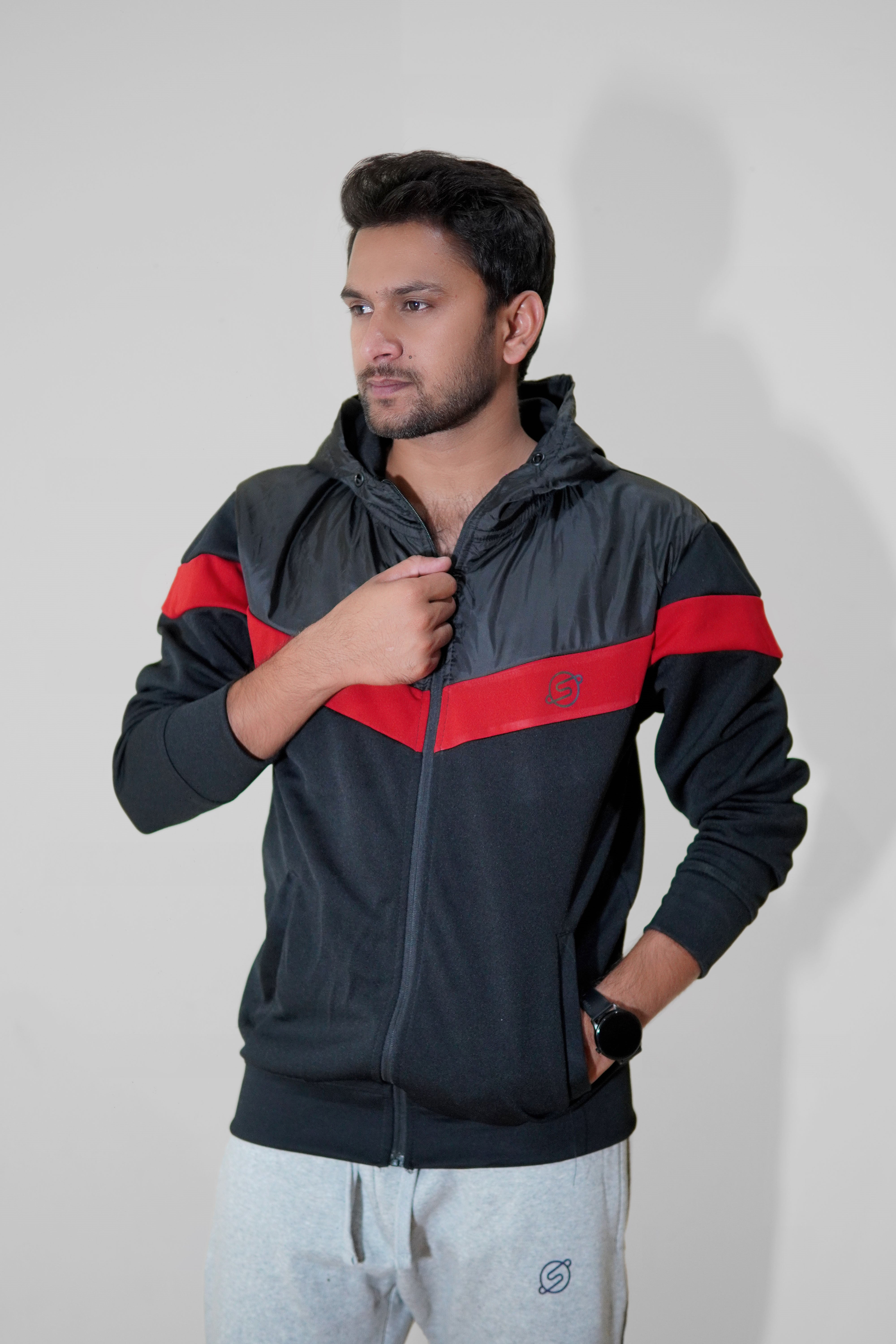 Red And Black Wind Crusher Zipper Hood